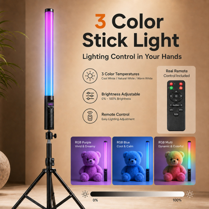 Photography Lighting Description - عصا إضاءة فيديو محمولة RGB، ضوء